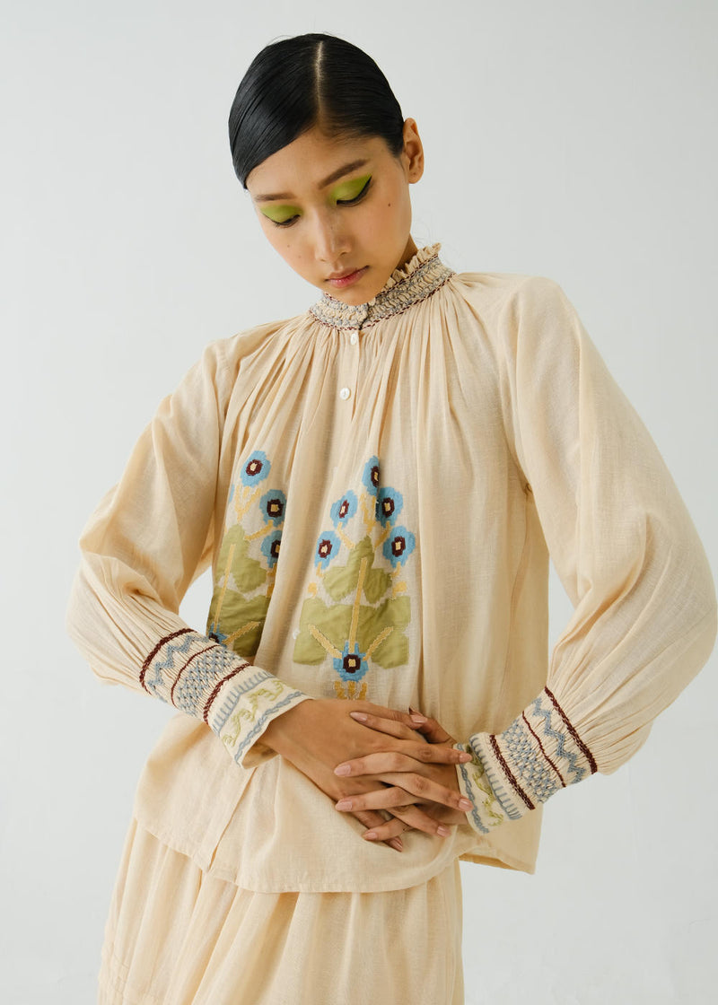 Farmer Top-Ivory Pixel Applique cotton by CORD for women Worldwide