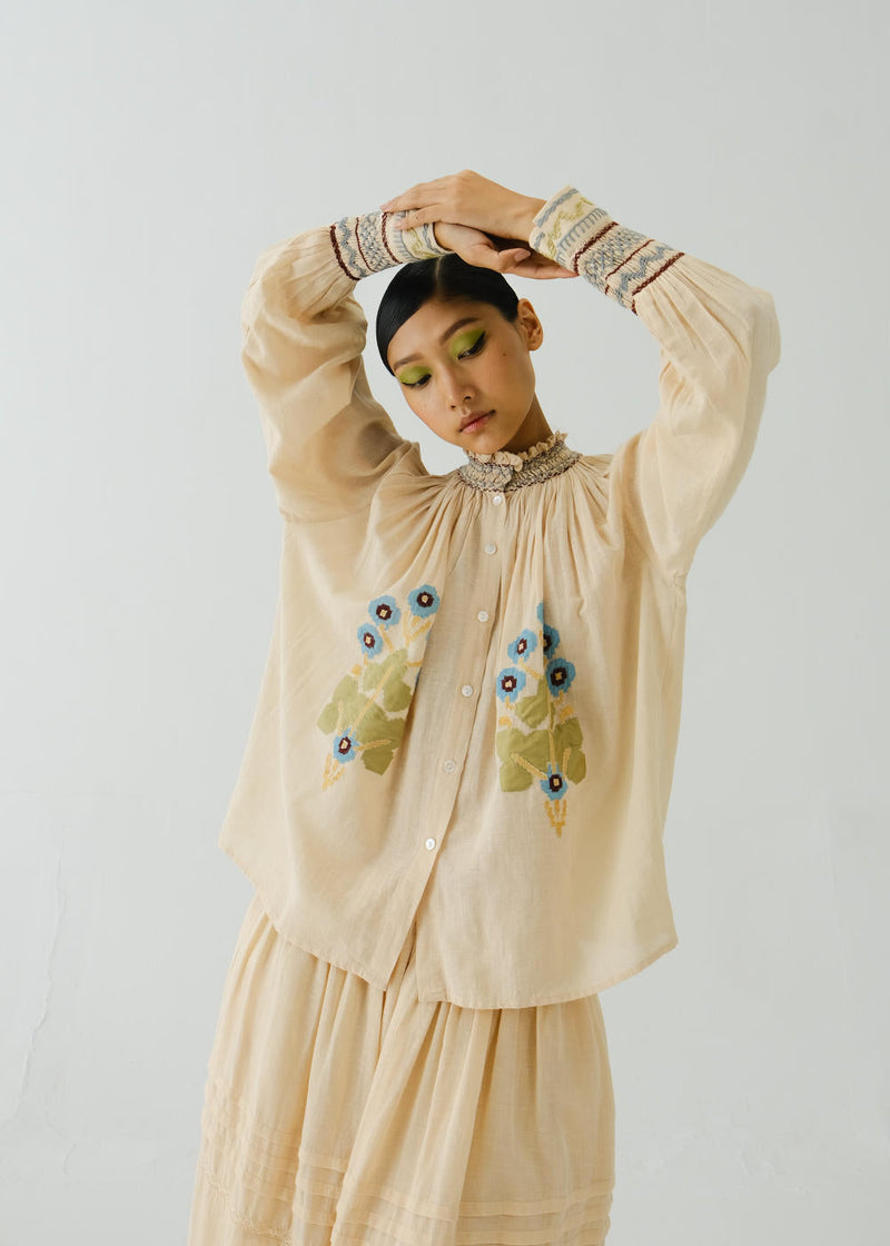 Farmer Top-Ivory Pixel Applique cotton by CORD for women Worldwide