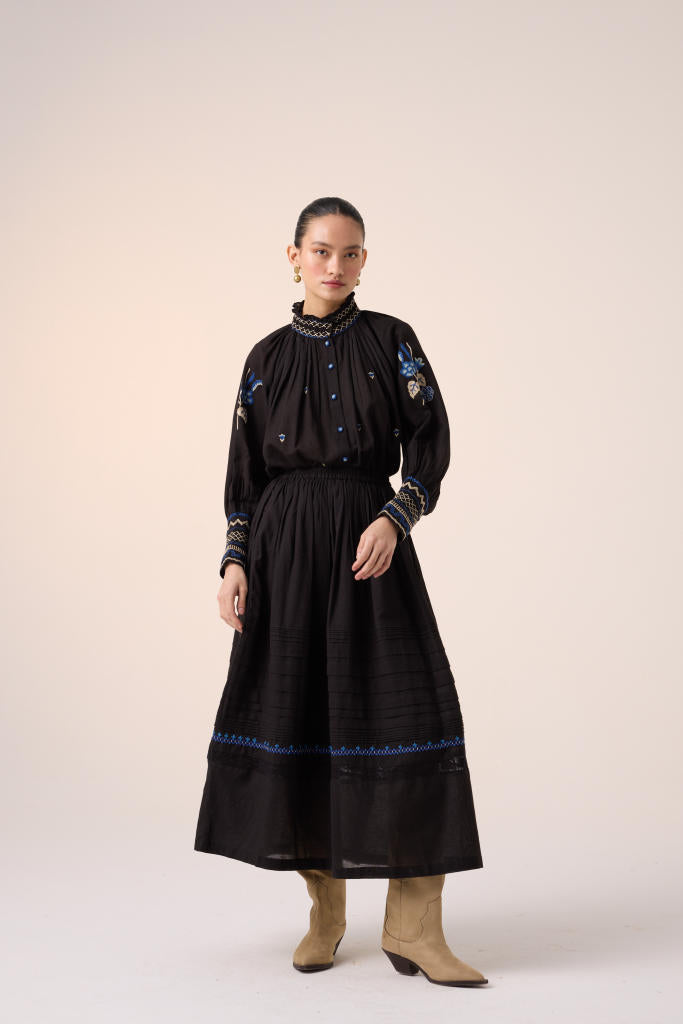 FARMER SET -BLACK (FARMER TOP+PINTUCK SKIRT ) cotton by CORD in multi for women Worldwide