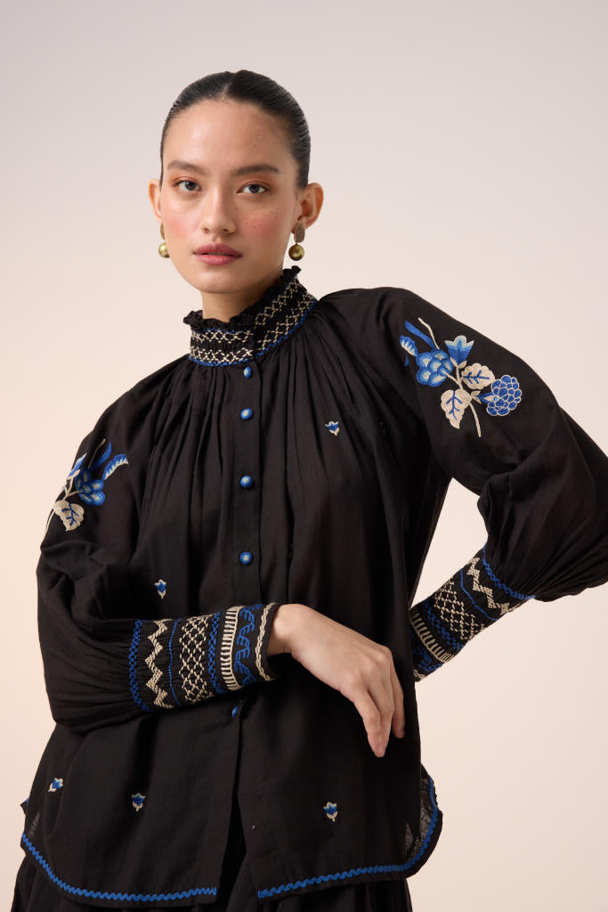 FARMER TOP -BLACK EMBROIDERY cotton by CORD in multi for women Worldwide