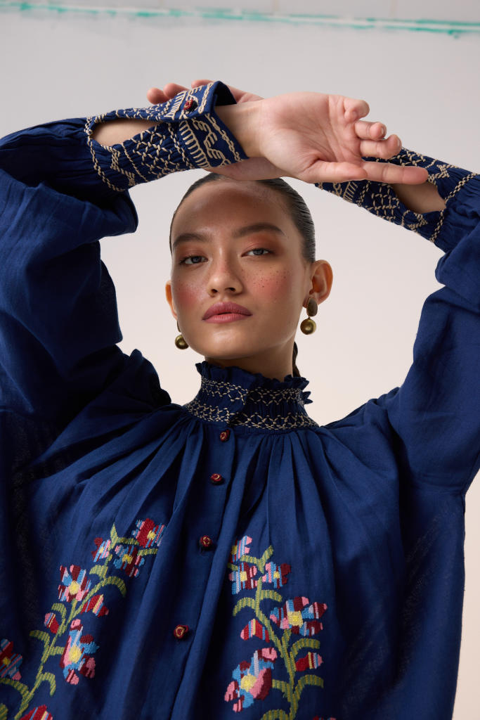 FARMER TOP -BLUE PIXEL EMBROIDERY cotton by CORD in multi for women Worldwide