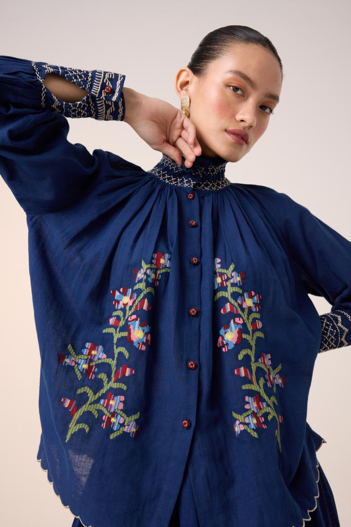 FARMER TOP -BLUE PIXEL EMBROIDERY cotton by CORD in multi for women Worldwide