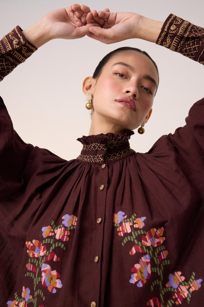 FARMER TOP -MAROON PIXEL EMBROIDERY cotton by CORD in multi for women Worldwide