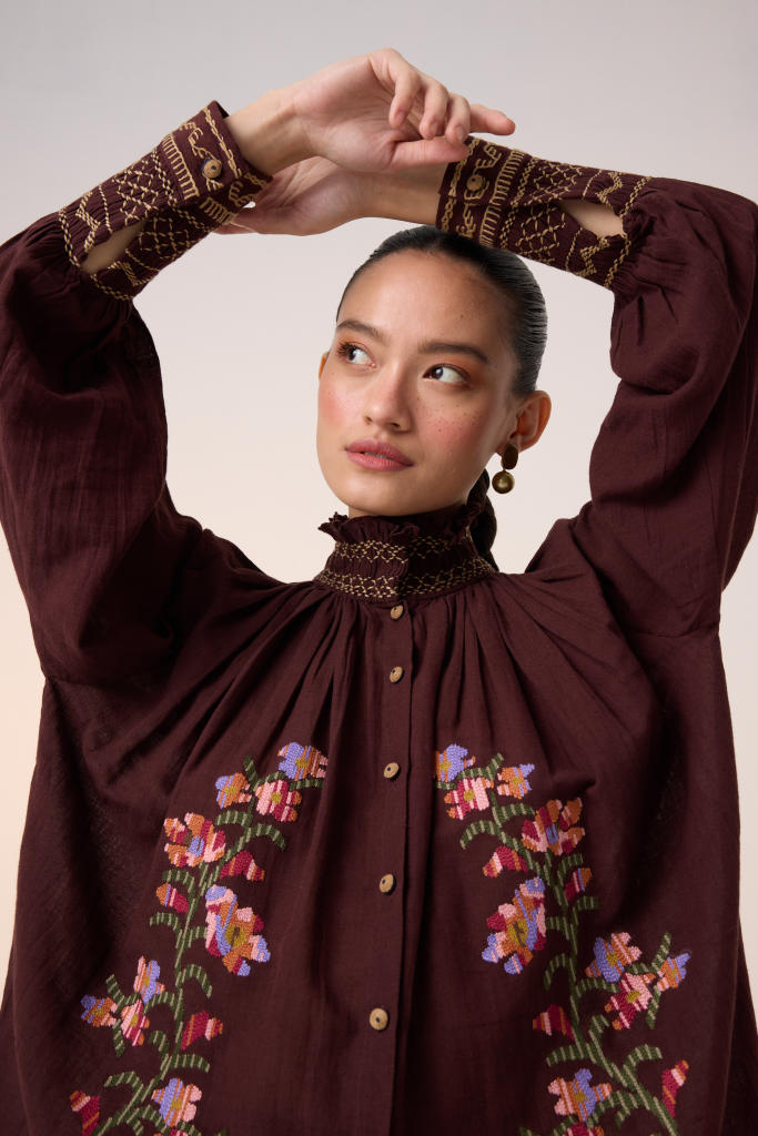FARMER TOP -MAROON PIXEL EMBROIDERY cotton by CORD in multi for women Worldwide