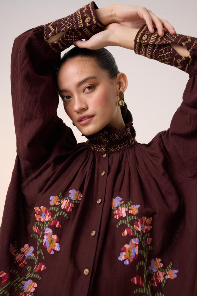 FARMER TOP -MAROON PIXEL EMBROIDERY cotton by CORD in multi for women Worldwide