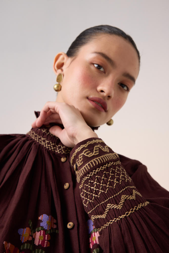 FARMER TOP -MAROON PIXEL EMBROIDERY cotton by CORD in multi for women Worldwide