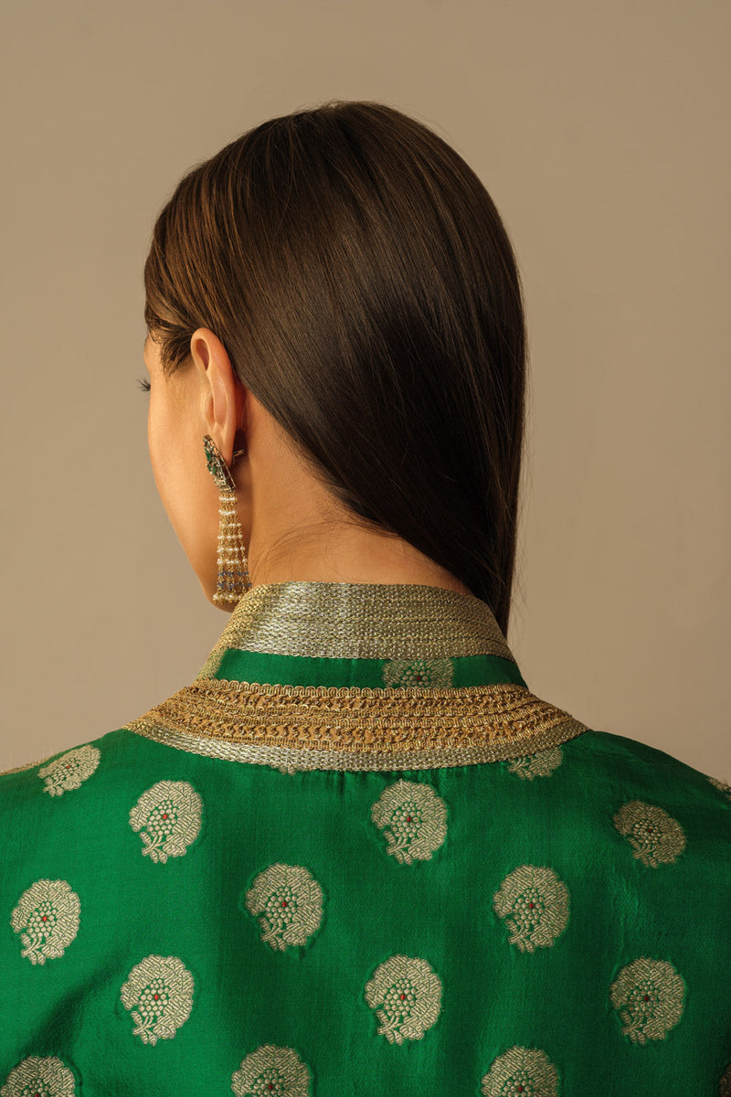 Fatuhi zari waistcoat blouse emerald green silk by Mallika Mathur in green color for women Worldwide