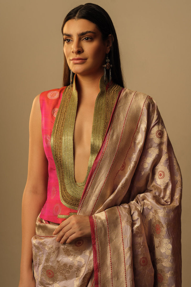 Fatuhi zari waistcoat blouse fuschia pink silk by Mallika Mathur in pink color for women Worldwide