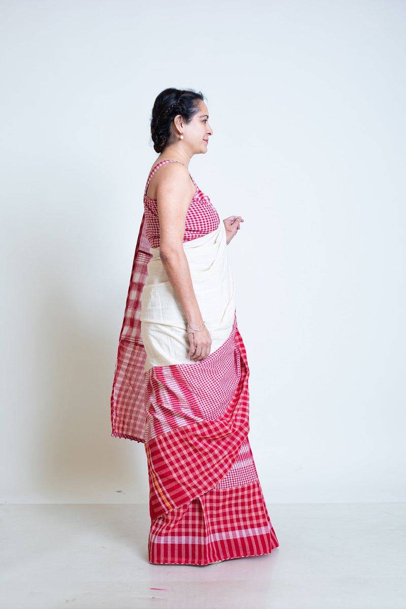 The Festive Fiesta Saree cotton,gamcha saree by 145 East in white, red for women Worldwide
