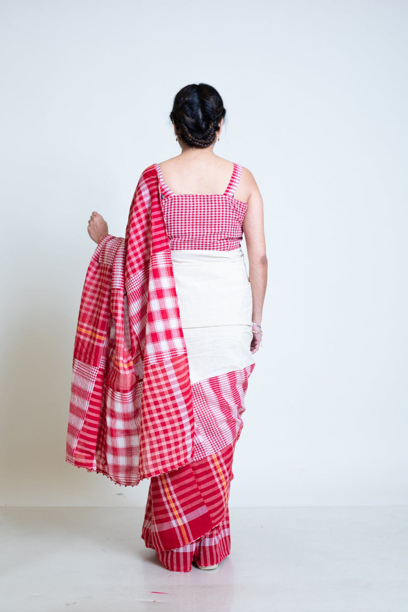 The Festive Fiesta Saree cotton,gamcha saree by 145 East in white, red for women Worldwide