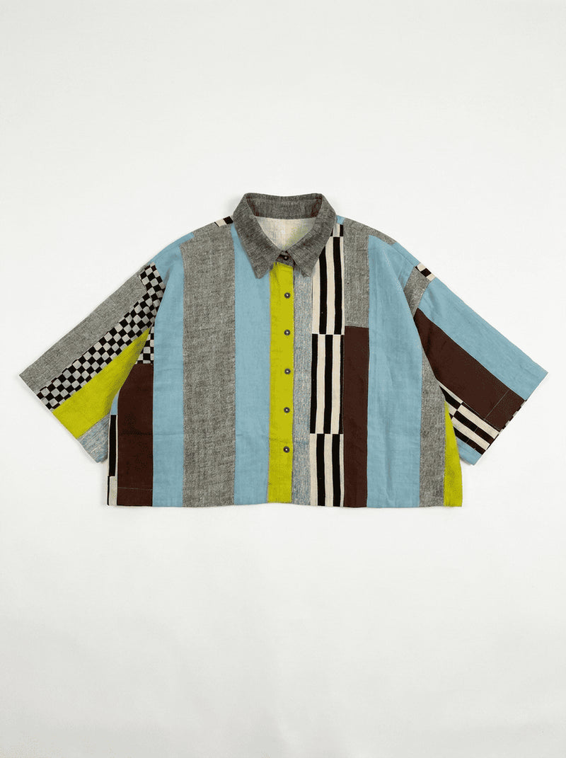 Fillmore Shirt-Light Blue Stripes 100% cotton and hand block printed cotton top/shirt by World of Crow in multi-color for women Worldwide