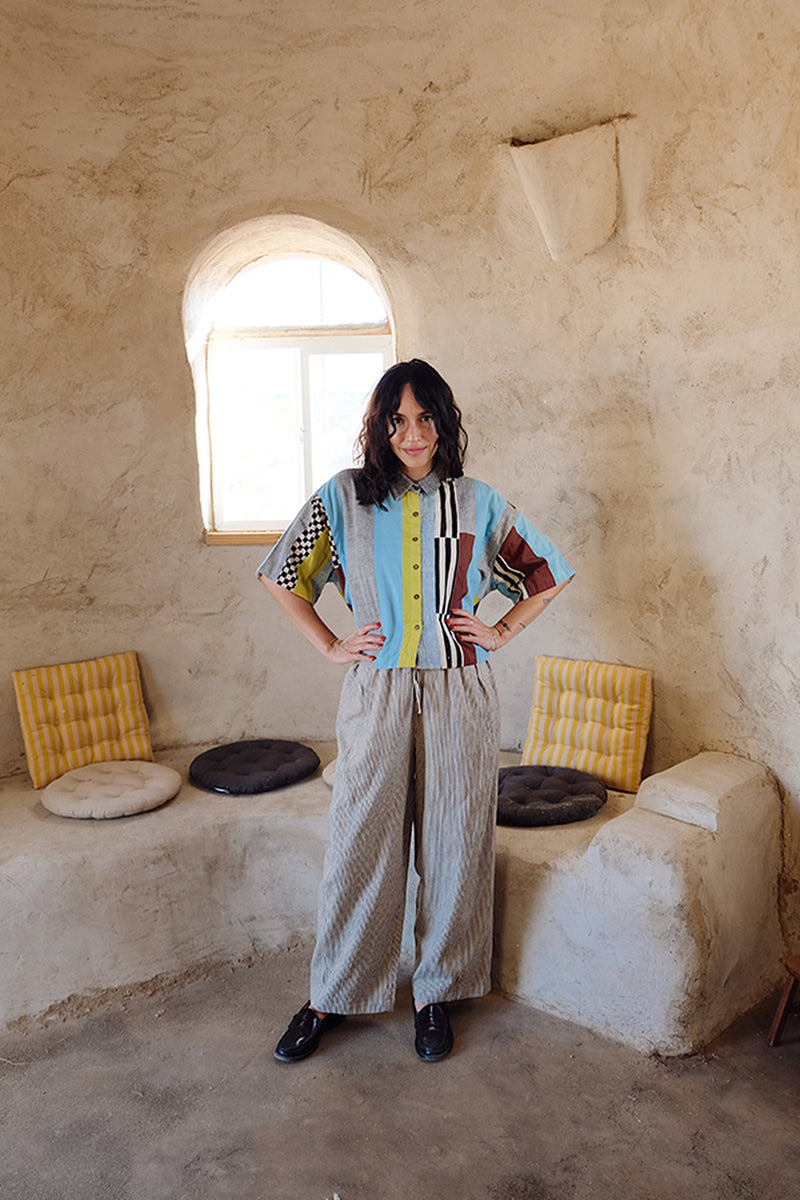 Fillmore Shirt-Light Blue Stripes 100% cotton and hand block printed cotton top/shirt by World of Crow in multi-color for women Worldwide