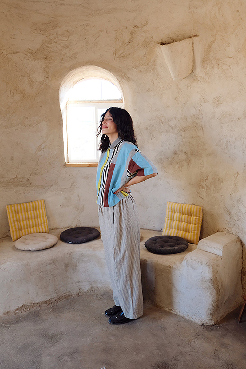 Fillmore Shirt-Light Blue Stripes 100% cotton and hand block printed cotton top/shirt by World of Crow in multi-color for women Worldwide
