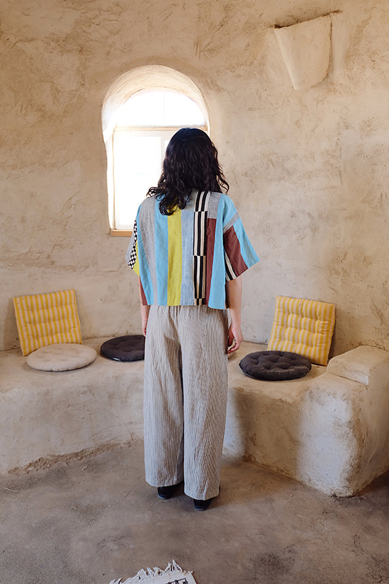 Fillmore Shirt-Light Blue Stripes 100% cotton and hand block printed cotton top/shirt by World of Crow in multi-color for women Worldwide