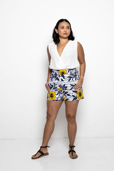 Firdawasi Shorts - Yellow / White Hibiscus Print