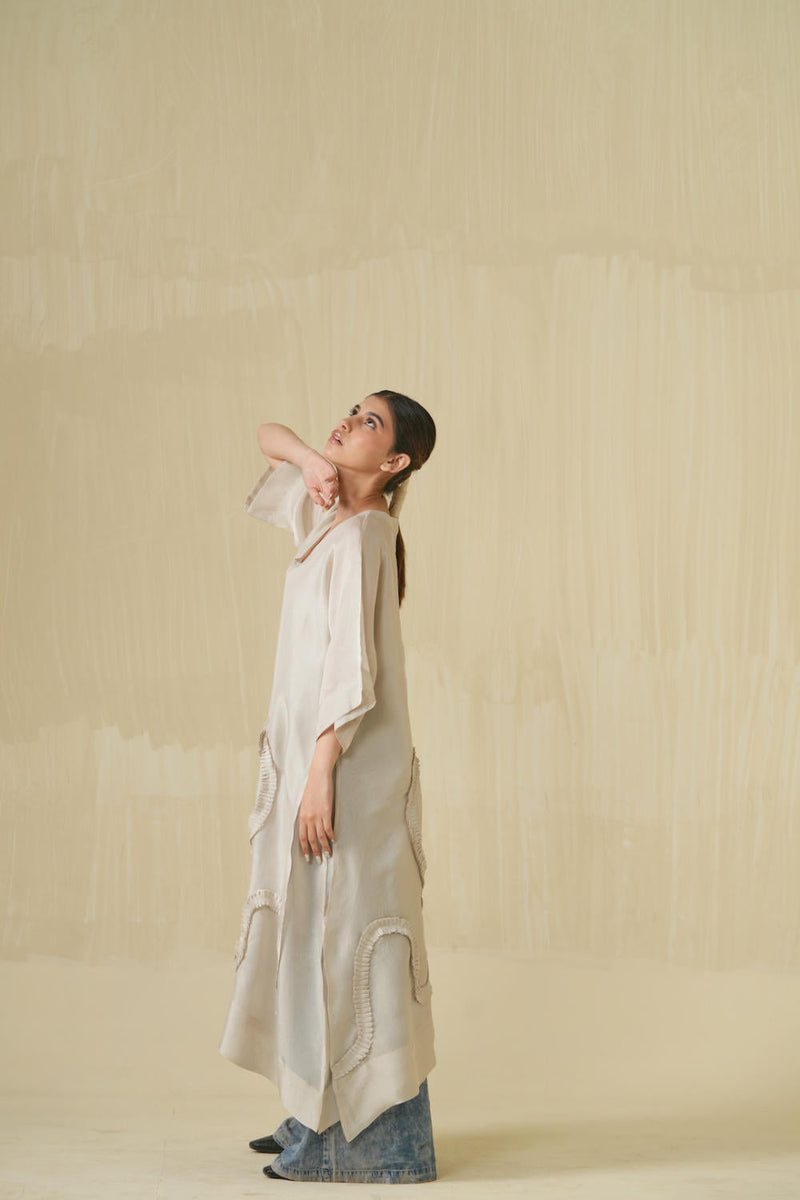 Flamingo Tunic - Silver tissue kaftans and tunics by Stoique in silver for women Worldwide
