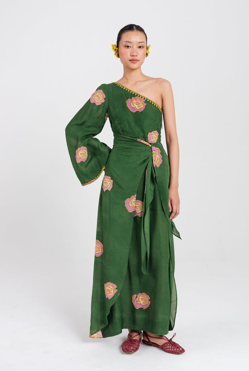 Flow One Shoulder Dress muslin silk dress by JodiLife in green for women Worldwide