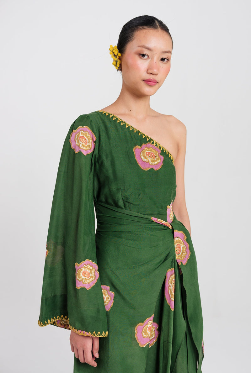 Flow One Shoulder Dress muslin silk dress by JodiLife in green for women Worldwide