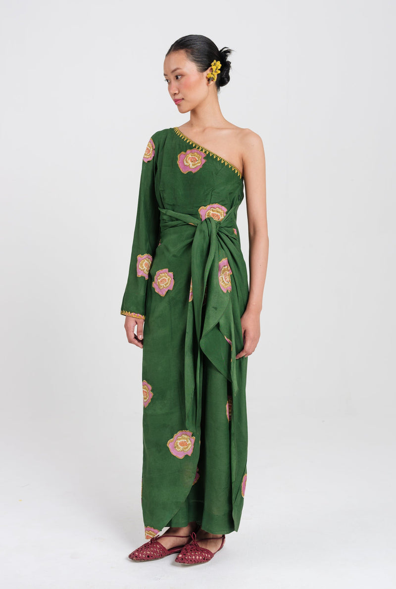 Flow One Shoulder Dress muslin silk dress by JodiLife in green for women Worldwide