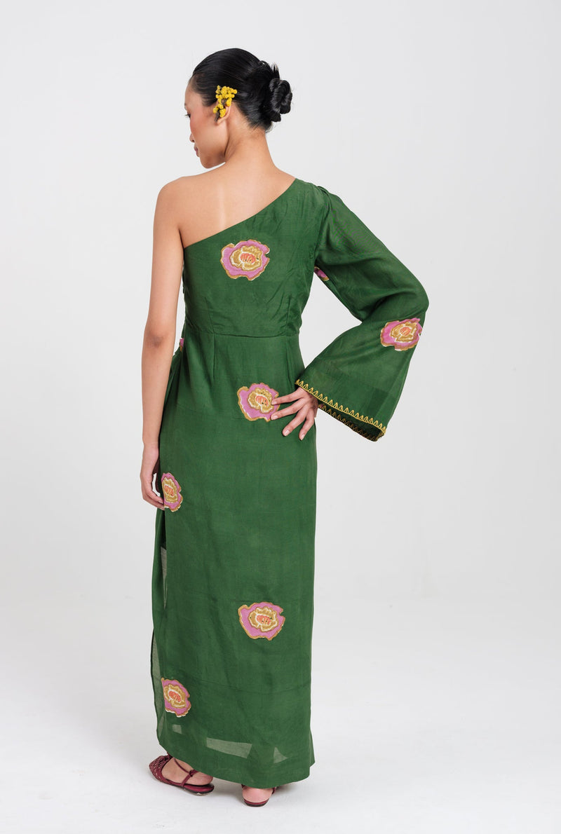 Flow One Shoulder Dress muslin silk dress by JodiLife in green for women Worldwide