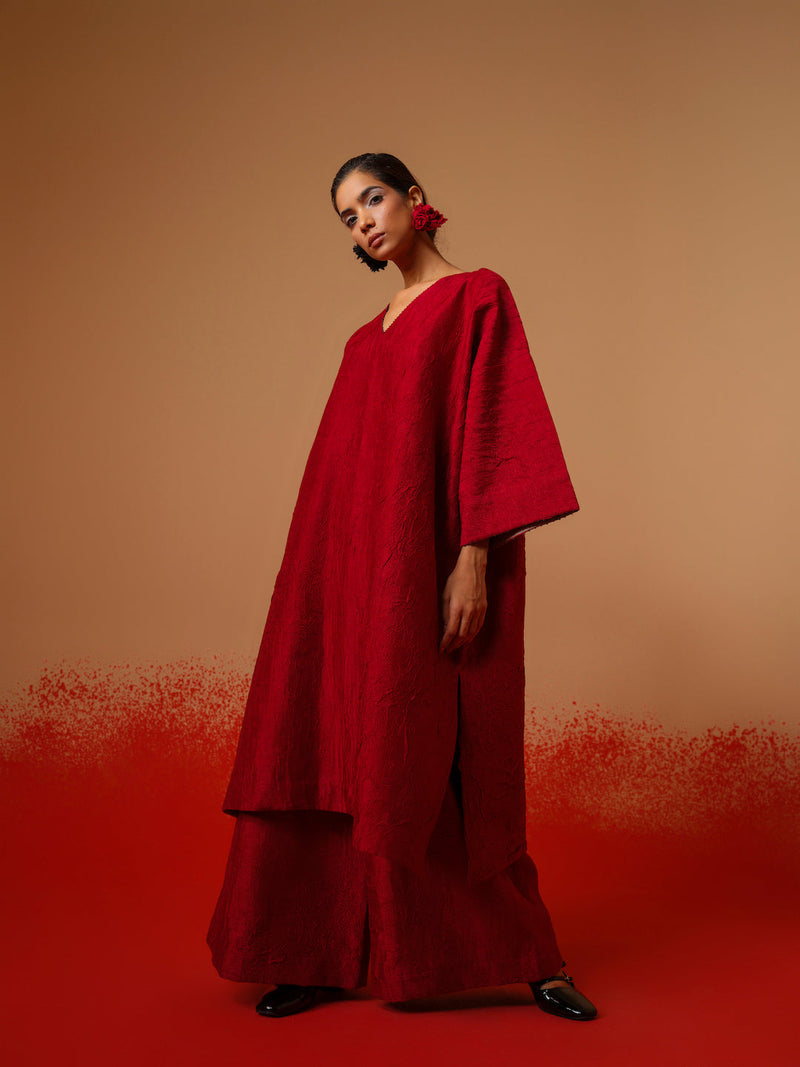 Flow Tunic-Red + Black mysore silk kaftans and tunics by Stoique in red, black for women Worldwide