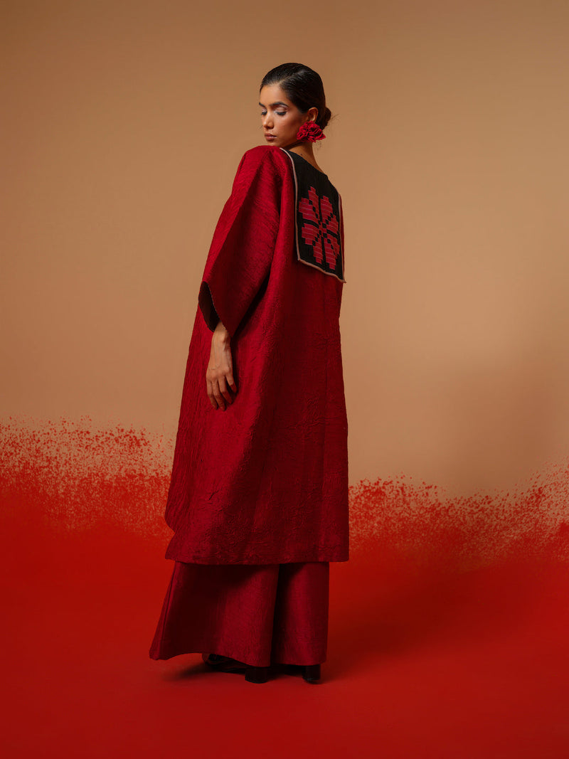 Flow Tunic-Red + Black mysore silk kaftans and tunics by Stoique in red, black for women Worldwide