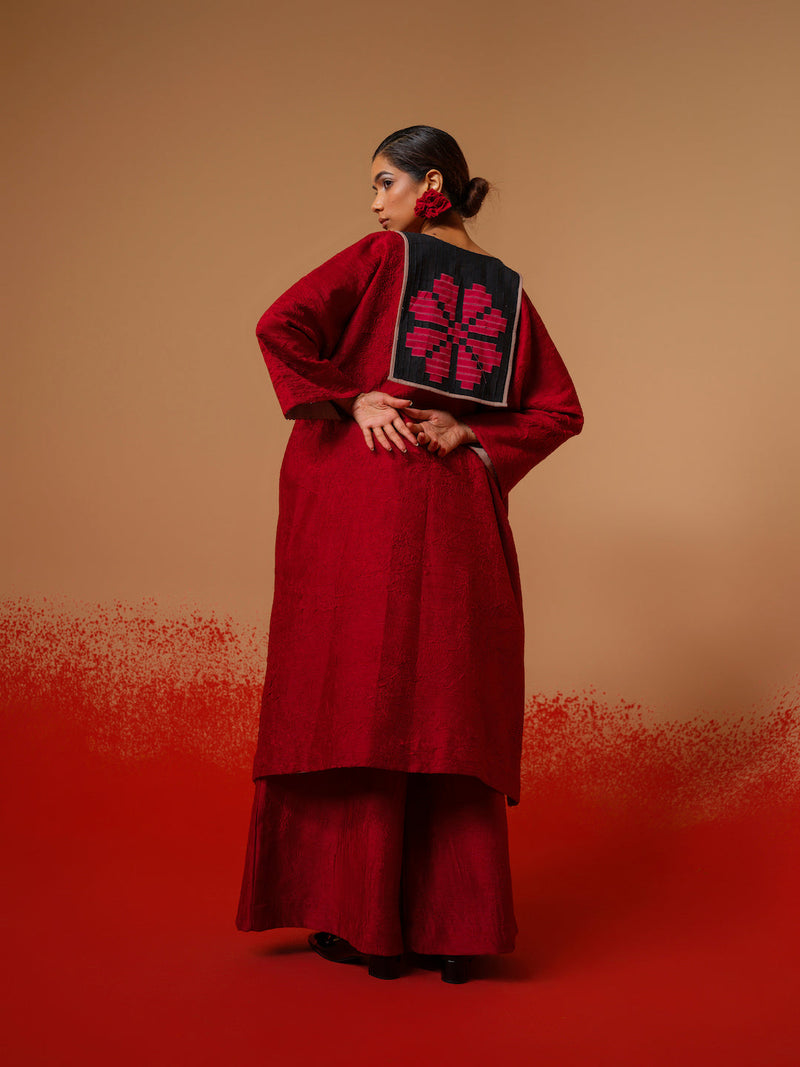 Flow Tunic-Red + Black mysore silk kaftans and tunics by Stoique in red, black for women Worldwide