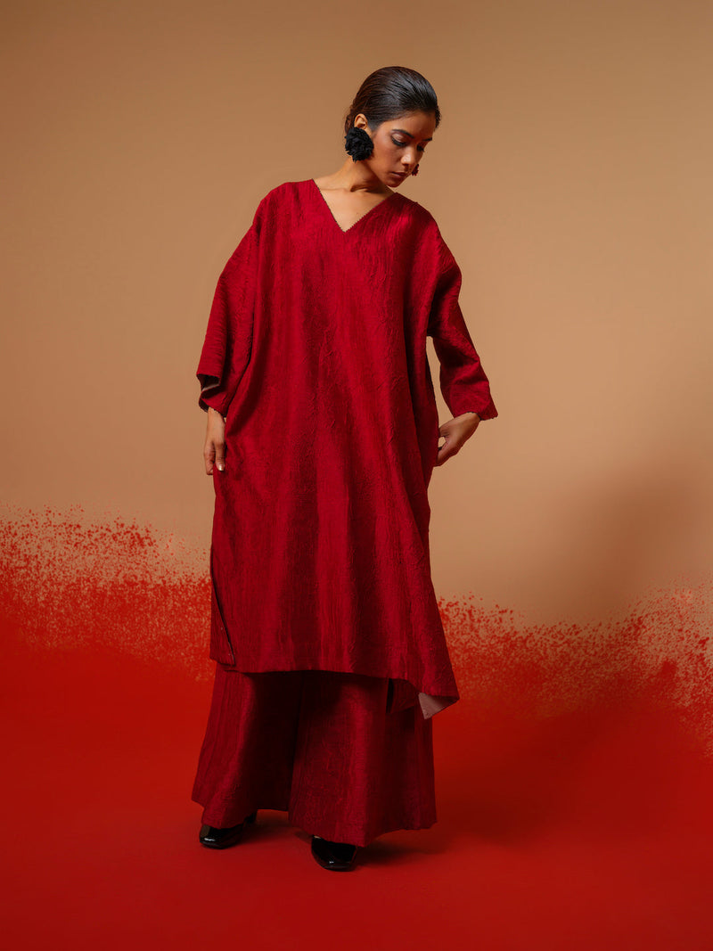 Flow Tunic-Red + Black mysore silk kaftans and tunics by Stoique in red, black for women Worldwide
