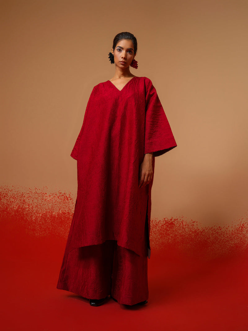 Flow Tunic-Red + Black mysore silk kaftans and tunics by Stoique in red, black for women Worldwide