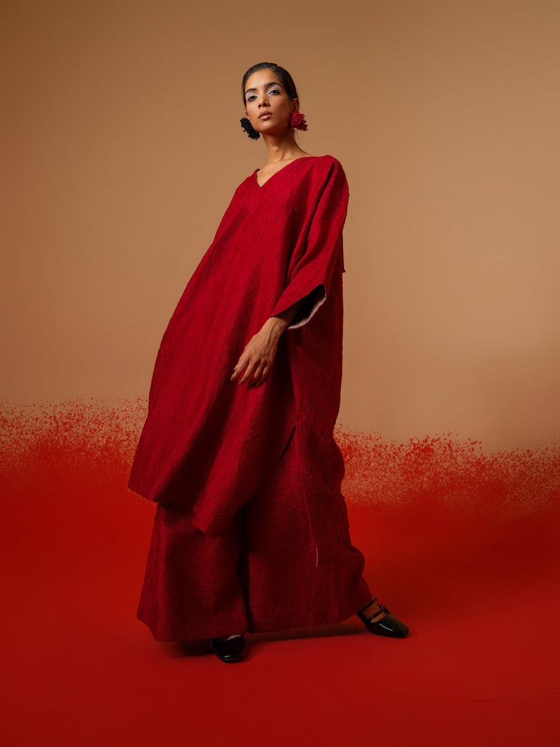 Flow Tunic-Red + Black mysore silk kaftans and tunics by Stoique in red, black for women Worldwide