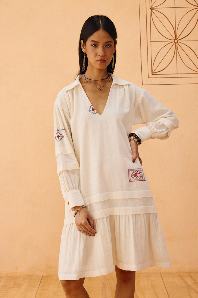 Flower Frame Handspun Handwoven Organic Cotton Dress organic cotton dress by SUI in off-white for women Worldwide