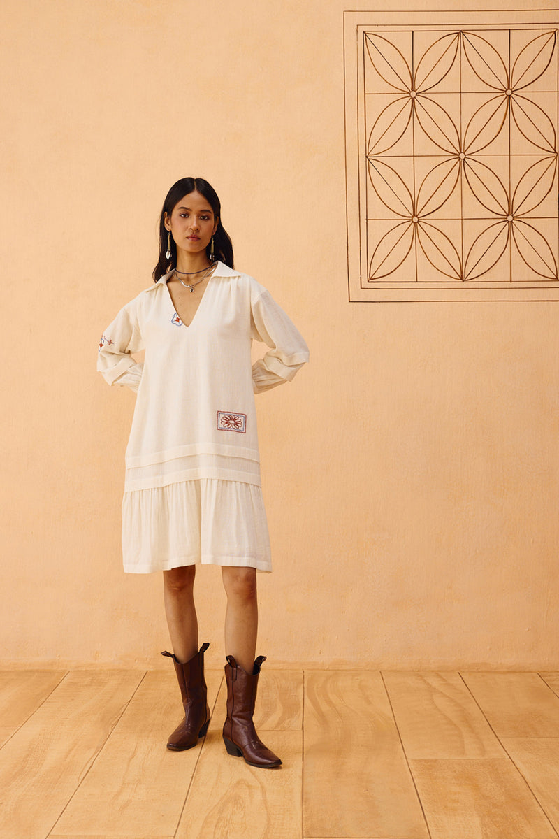 Flower Frame Handspun Handwoven Organic Cotton Dress organic cotton dress by SUI in off-white for women Worldwide