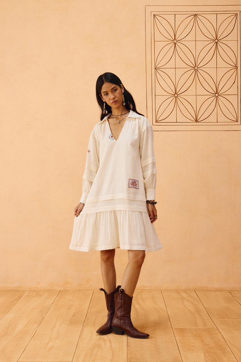 Flower Frame Handspun Handwoven Organic Cotton Dress organic cotton dress by SUI in off-white for women Worldwide