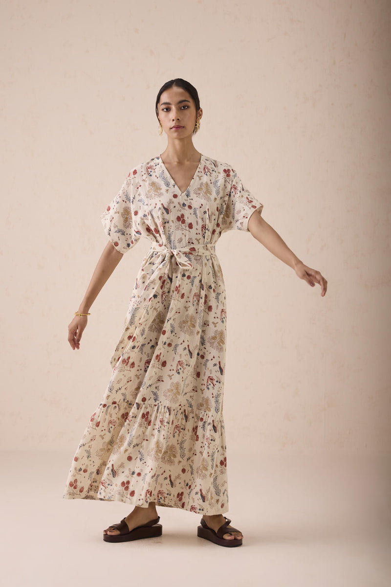 Forest Bloom Handwoven Kala Cotton Maxi Dress cotton by SUI in white color for women Worldwide