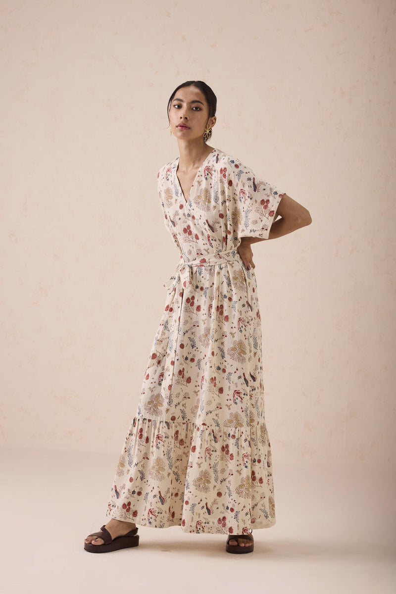Forest Bloom Handwoven Kala Cotton Maxi Dress cotton by SUI in white color for women Worldwide