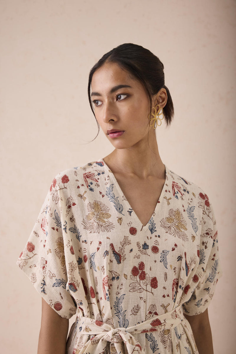 Forest Bloom Handwoven Kala Cotton Maxi Dress cotton by SUI in white color for women Worldwide