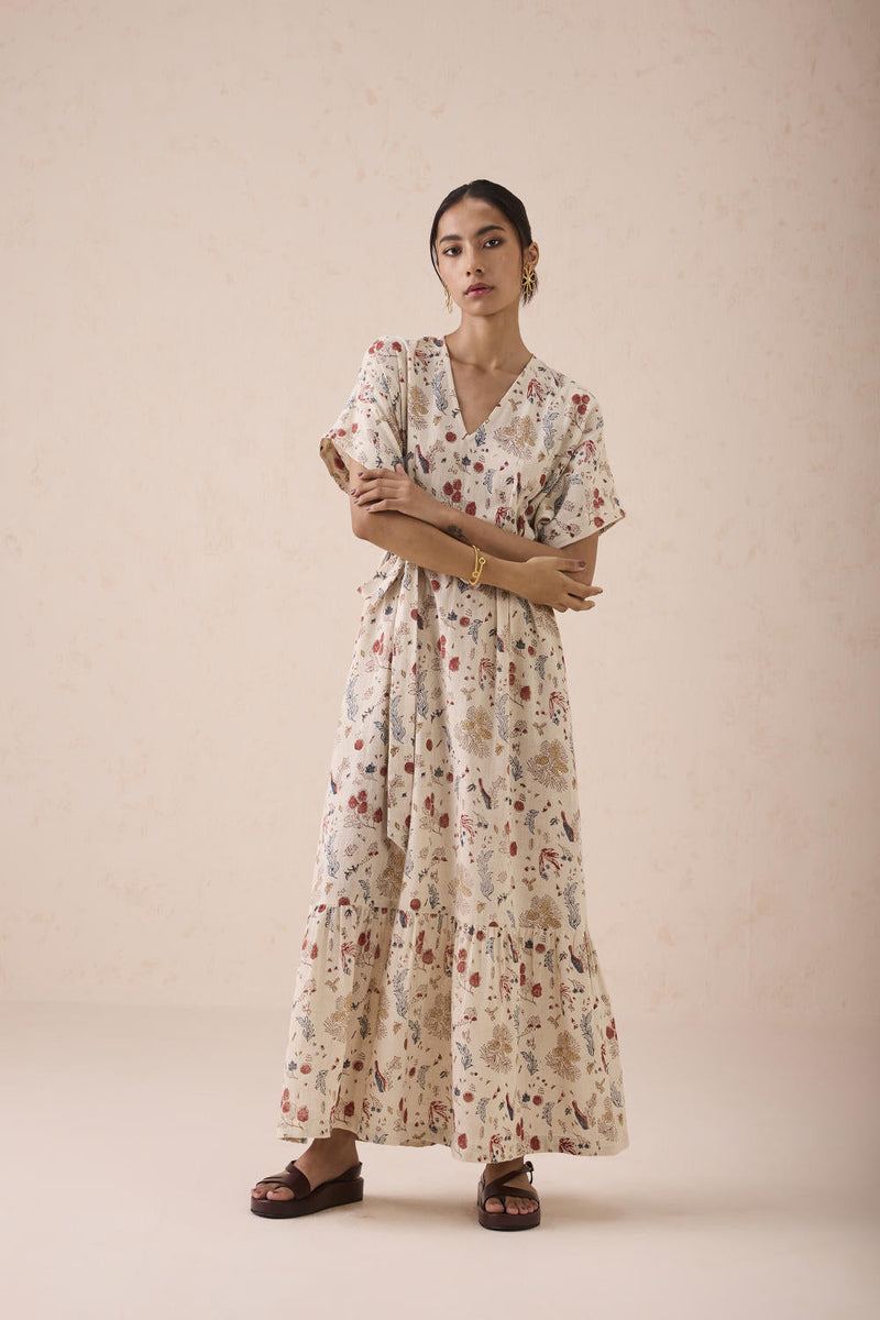 Forest Bloom Handwoven Kala Cotton Maxi Dress cotton by SUI in white color for women Worldwide