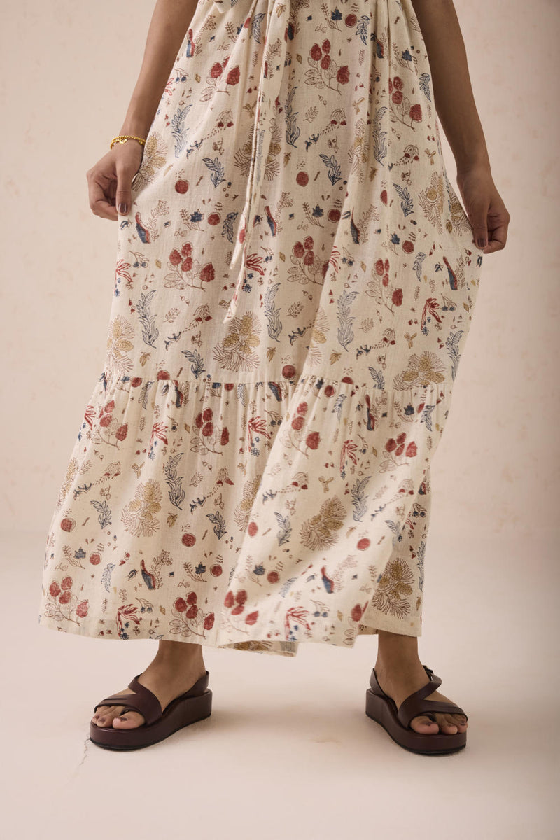 Forest Bloom Handwoven Kala Cotton Maxi Dress cotton by SUI in white color for women Worldwide