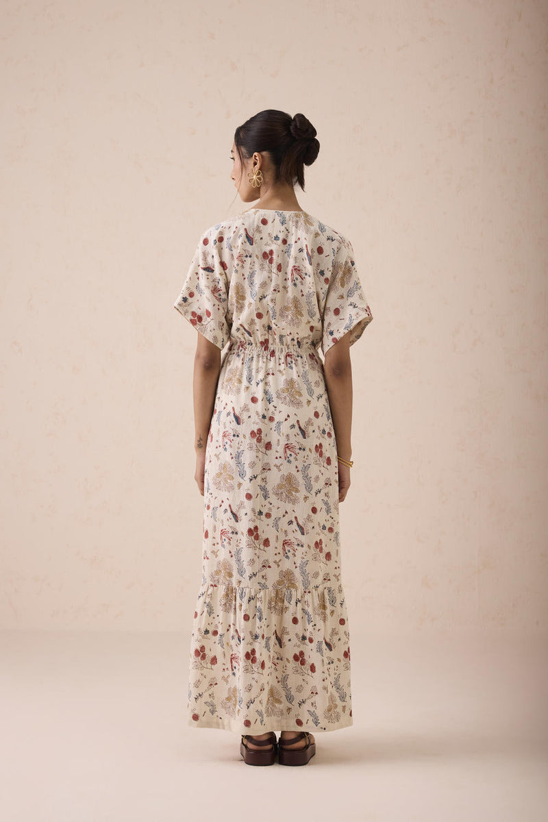 Forest Bloom Handwoven Kala Cotton Maxi Dress cotton by SUI in white color for women Worldwide