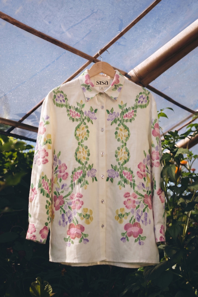 Ivory Floral Ikat Shirt linen top/shirt by World of SiSa in ivory for women Worldwide
