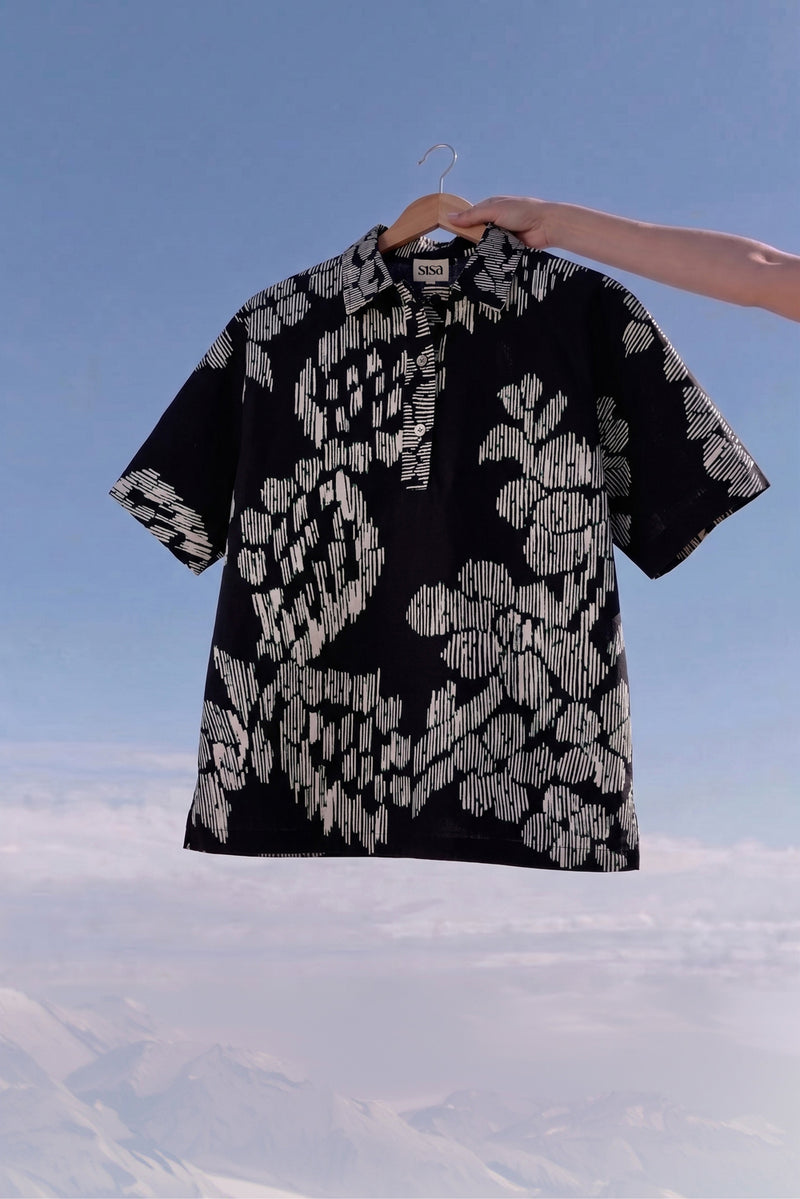 Oversized Floral Ikat Shirt cotton top/shirt by World of SiSa in black for women Worldwide