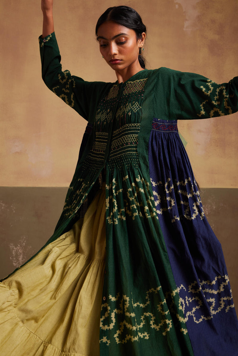 Frida Set (Dress + Skirt)-Indigo-Emerald Spiral cotton by CORD for women Worldwide
