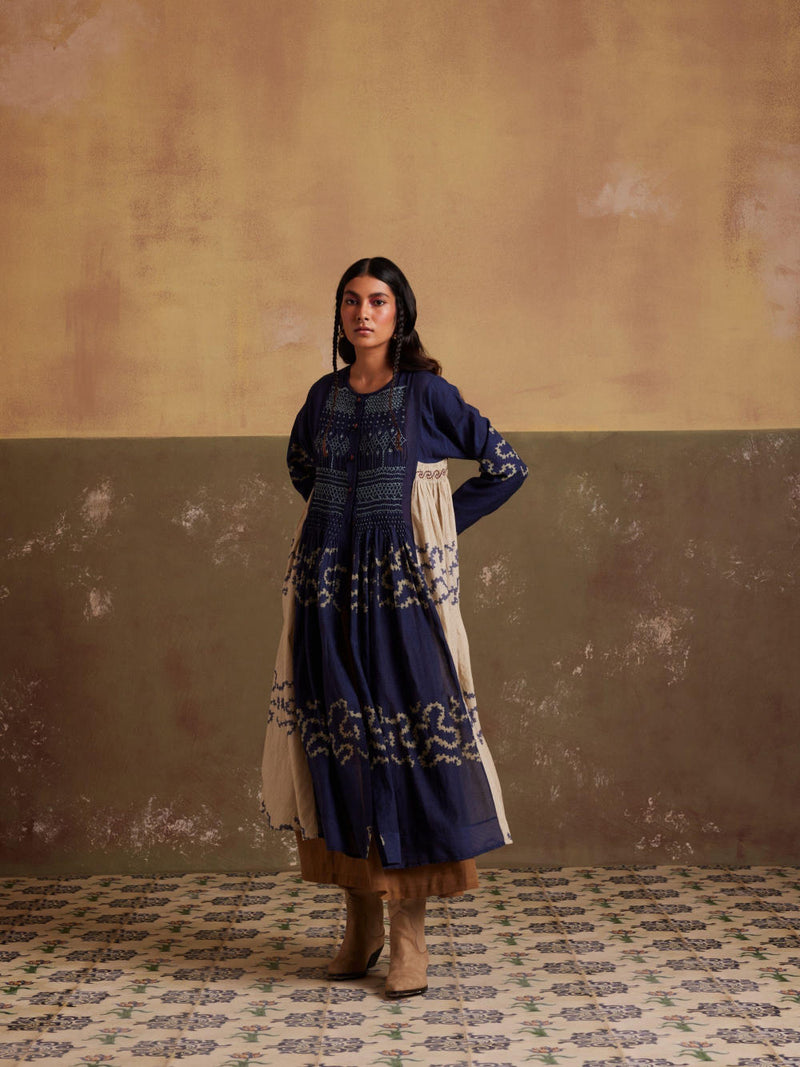 Frida Dress-Indigo-Ivory Spiral cotton by CORD for women Worldwide