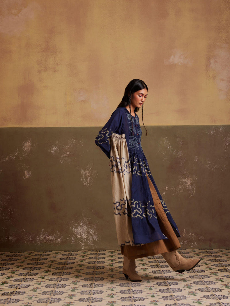 Frida Dress-Indigo-Ivory Spiral cotton by CORD for women Worldwide