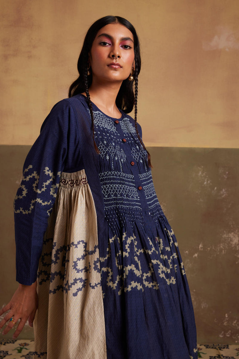 Frida Set (Dress + Skirt)-Indigo-Ivory Spiral cotton by CORD for women Worldwide