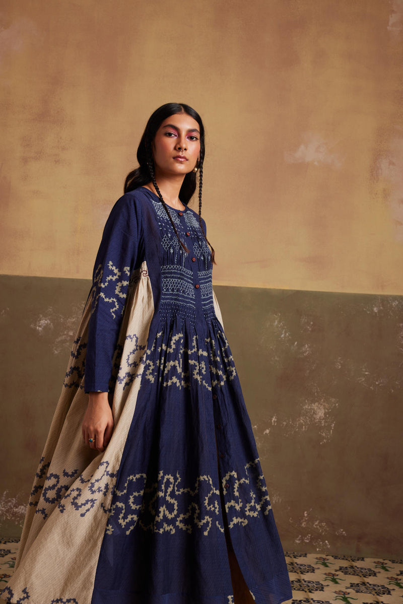 Frida Set (Dress + Skirt)-Indigo-Ivory Spiral cotton by CORD for women Worldwide