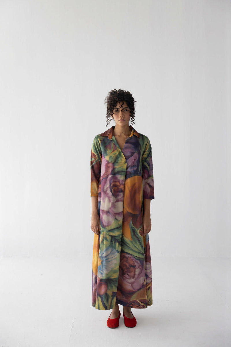 FRUIT FARM V-NECK COLLAR LONG DRESS satin by Yam in multi color for women Worldwide