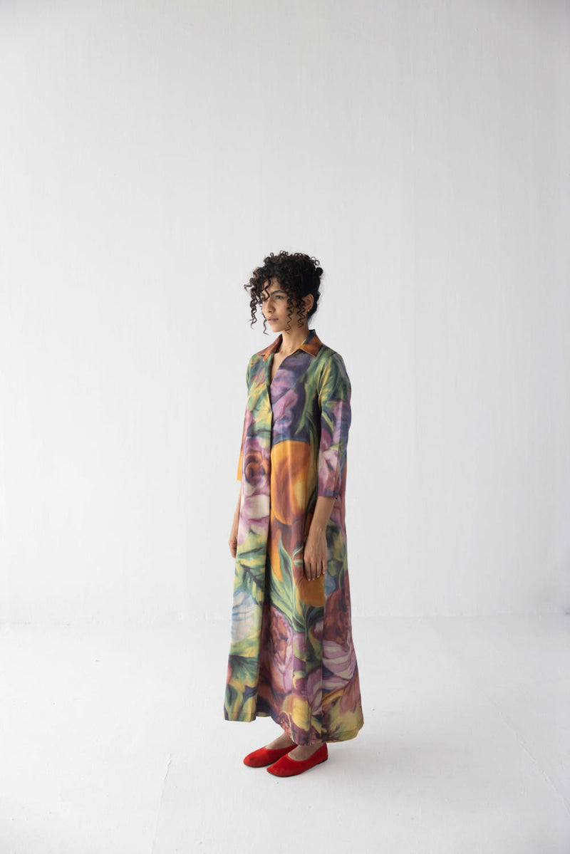 FRUIT FARM V-NECK COLLAR LONG DRESS satin by Yam in multi color for women Worldwide