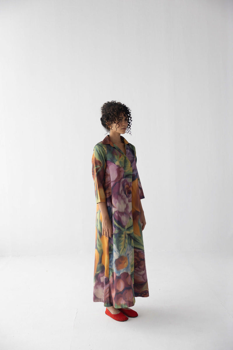FRUIT FARM V-NECK COLLAR LONG DRESS satin by Yam in multi color for women Worldwide