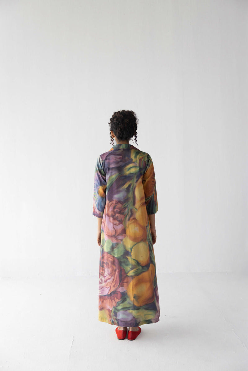 FRUIT FARM V-NECK COLLAR LONG DRESS satin by Yam in multi color for women Worldwide